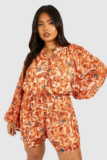 Plus Woven Paisley Print Button Detail Playsuit multi