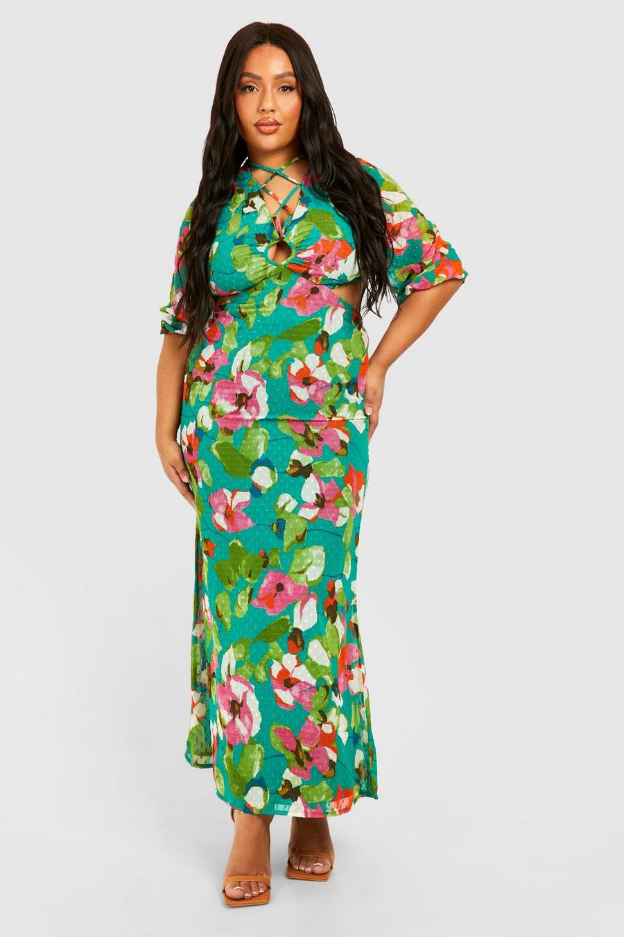 Green Plus Woven Floral Print Plunge Long Sleeve Midi Dress