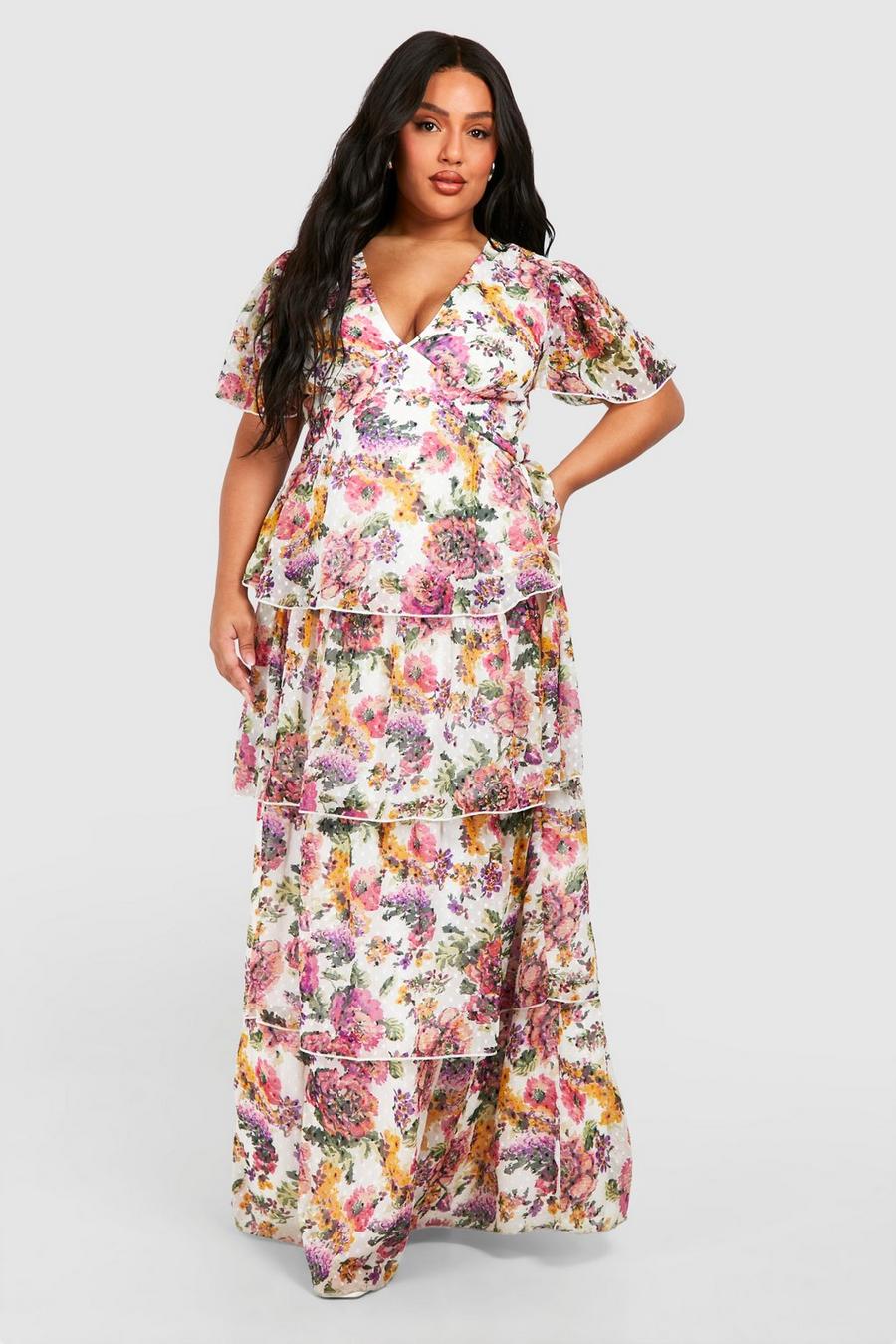 Pink Plus Woven Floral Print Angel Sleeve Tiered Maxi Dress  image number 1
