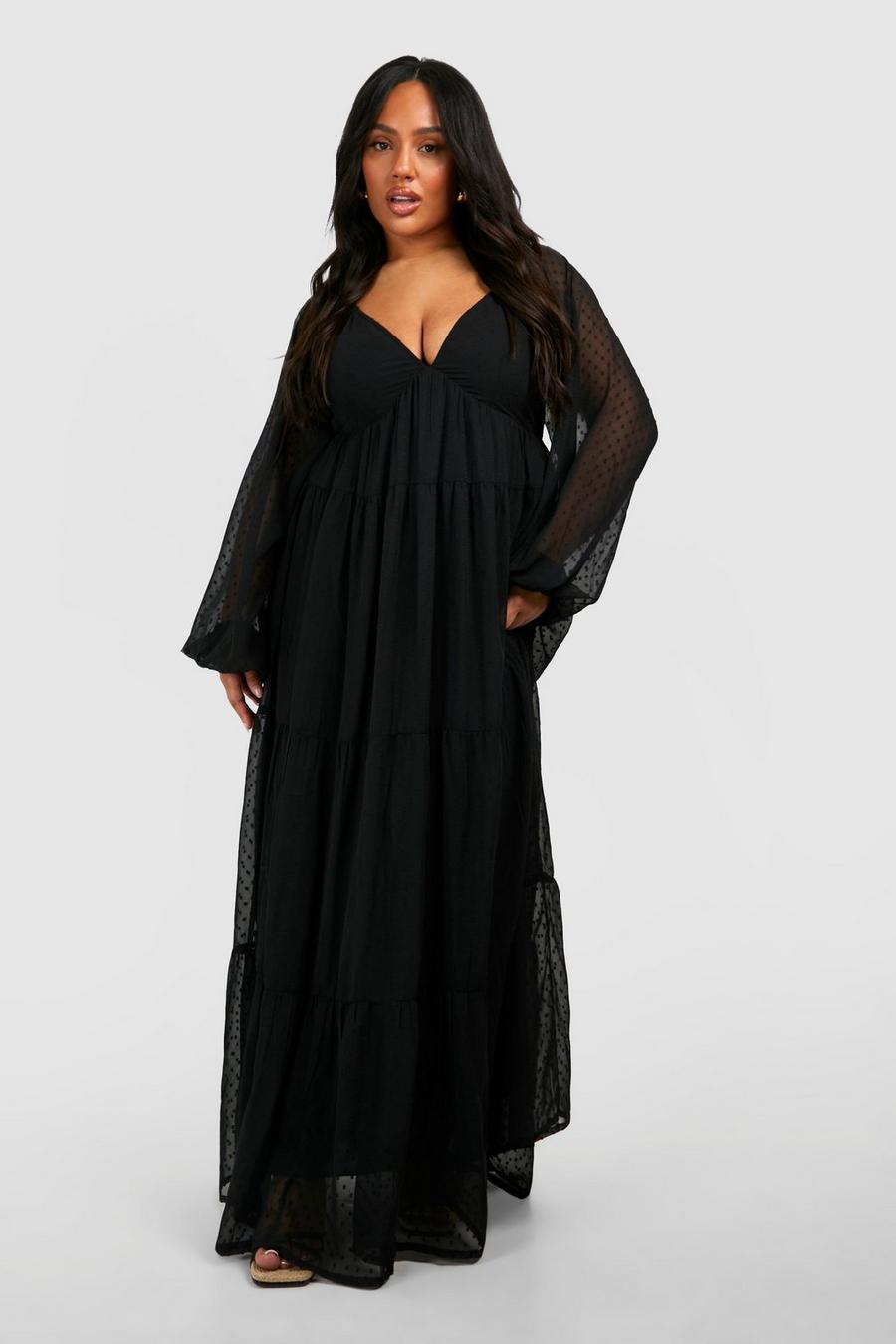 Black Plus Dobby Mesh Long Sleeve V Neck Maxi Dress image number 1