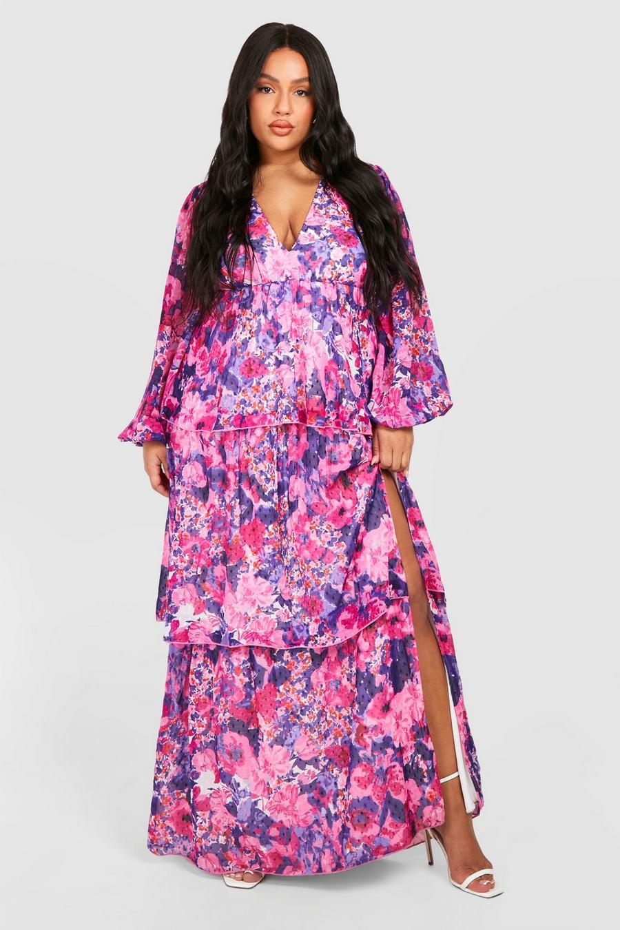 Purple Plus Woven Floral Print Plunge Ruffle Detail Maxi Dress  image number 1