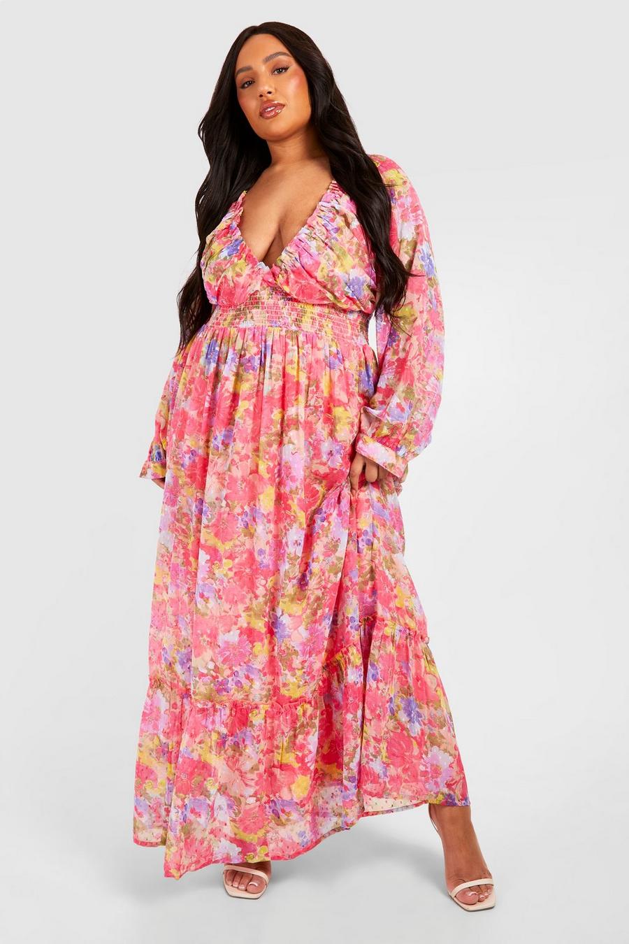 Vestito maxi Plus Size increspato in vita con stampa a fiori, Pink image number 1