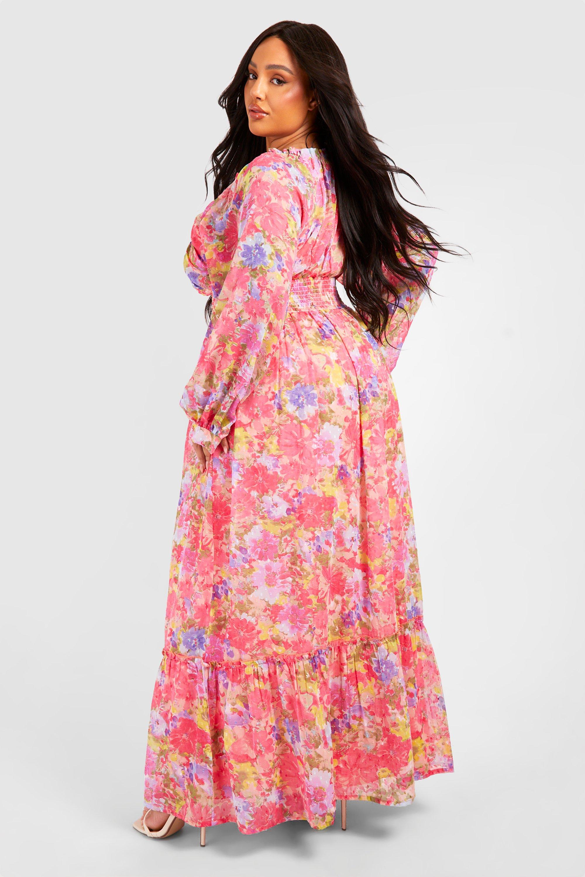 Plus Woven Floral Print Shirred Waist Detail Maxi Dress