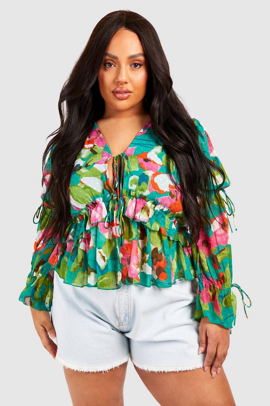 Blusa Plus Size a maniche lunghe in rete plumetis a fiori con dettagli arricciati, Green image number 1