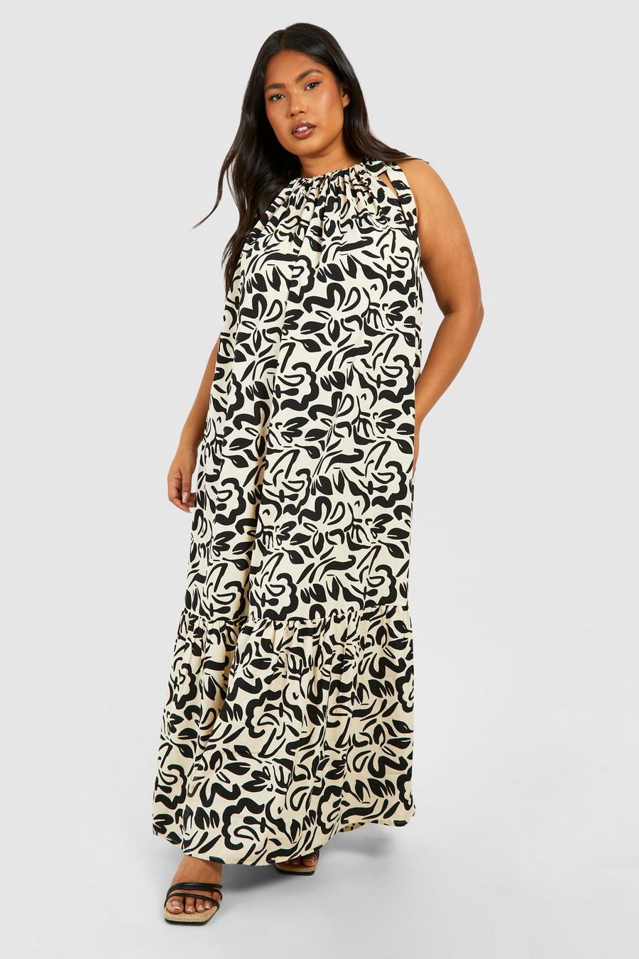 Mono Plus Woven Abstract Print Strappy Volume Maxi Dress  image number 1
