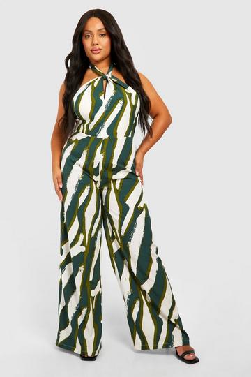 Plus Woven Abstract Stripe Halter Wide Leg Jumpsuit mono