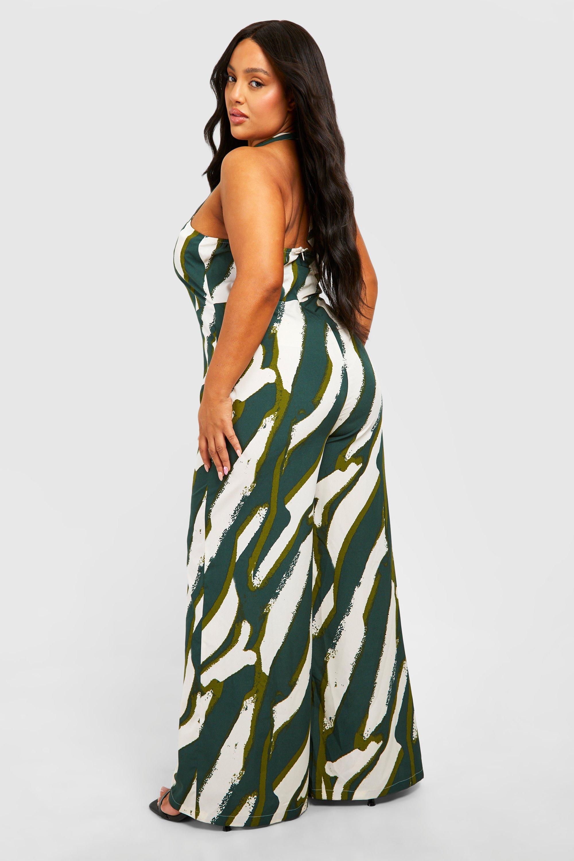 Plus Woven Abstract Stripe Halter Neck Wide Leg Jumpsuit