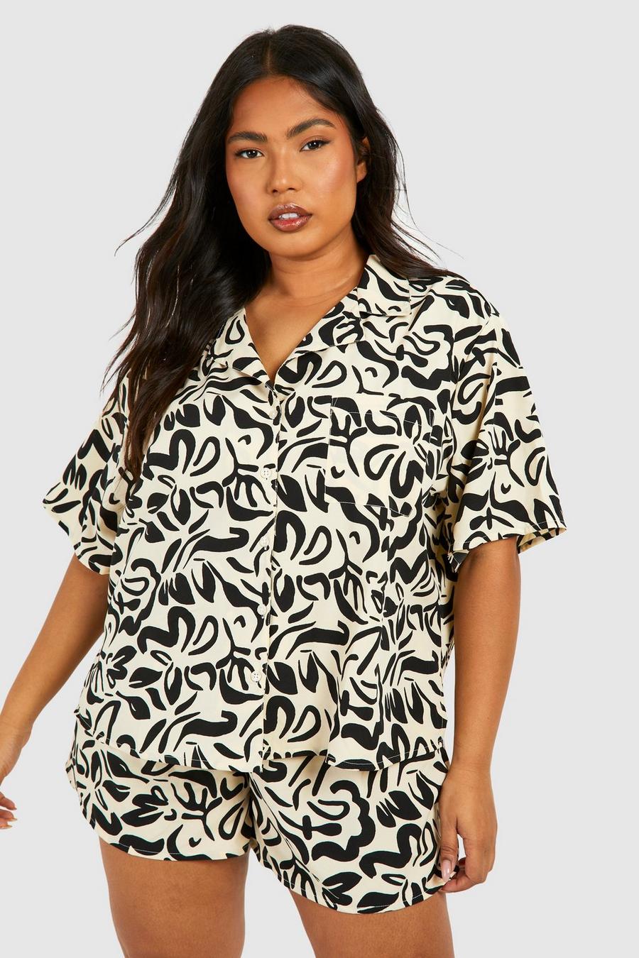 Mono Plus Woven Abstract Print Short Sleeve Shirt & Short Co-ord  image number 1