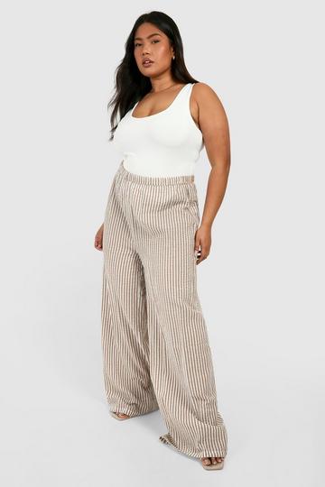 Plus Woven Stripe Elasticated Waist Wide Leg Pants stone