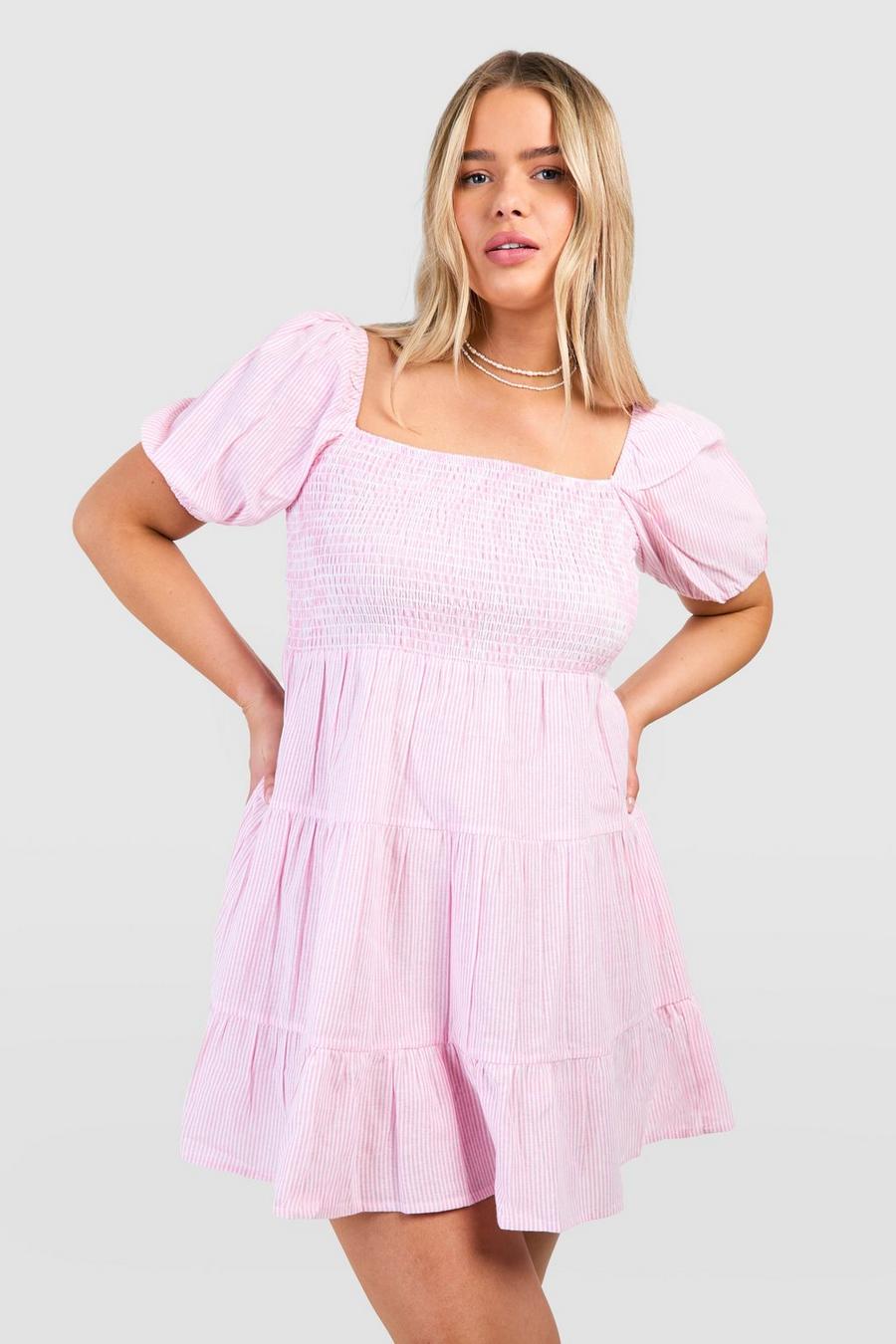 Pink Plus Woven Pinstripe Puff Sleeve Tiered Mini Dress  image number 1
