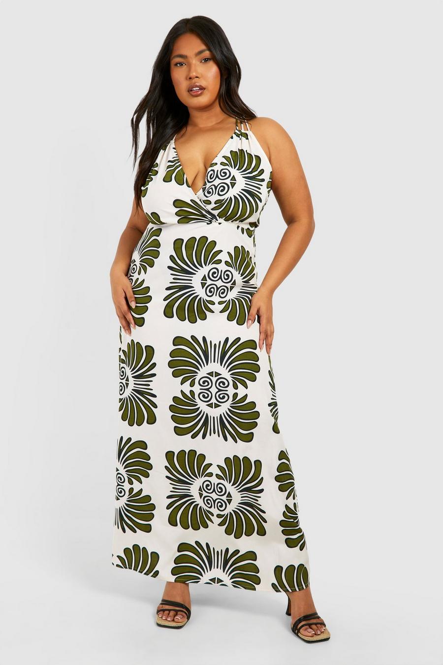 Green Plus Woven Scarf Print Strappy V Neck Maxi Dress image number 1