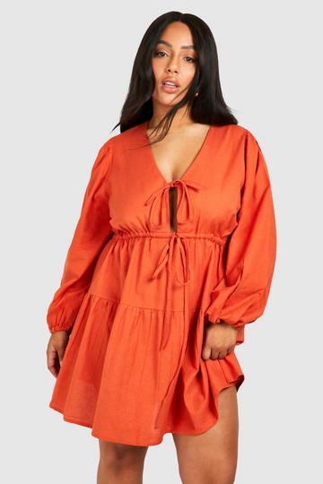 Plus Woven Tie Detail Long Sleeve Skater Dress orange