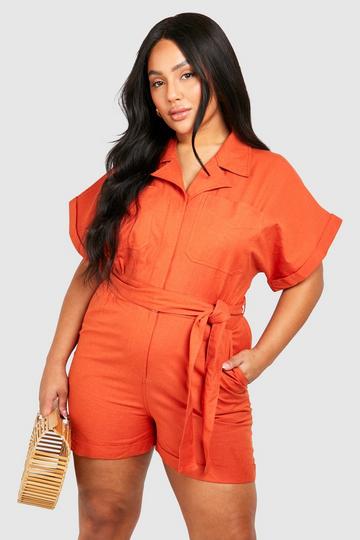 Plus Woven Utility Belted Playsuit rust