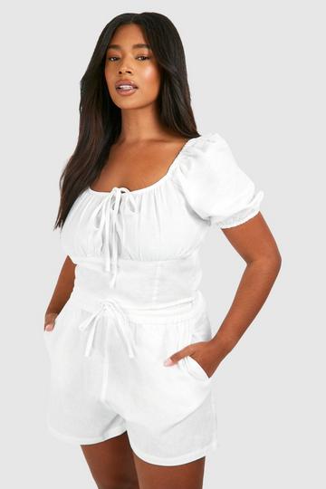 White Plus Linen Feel Puff Sleeve Ruched Bust Crop Top