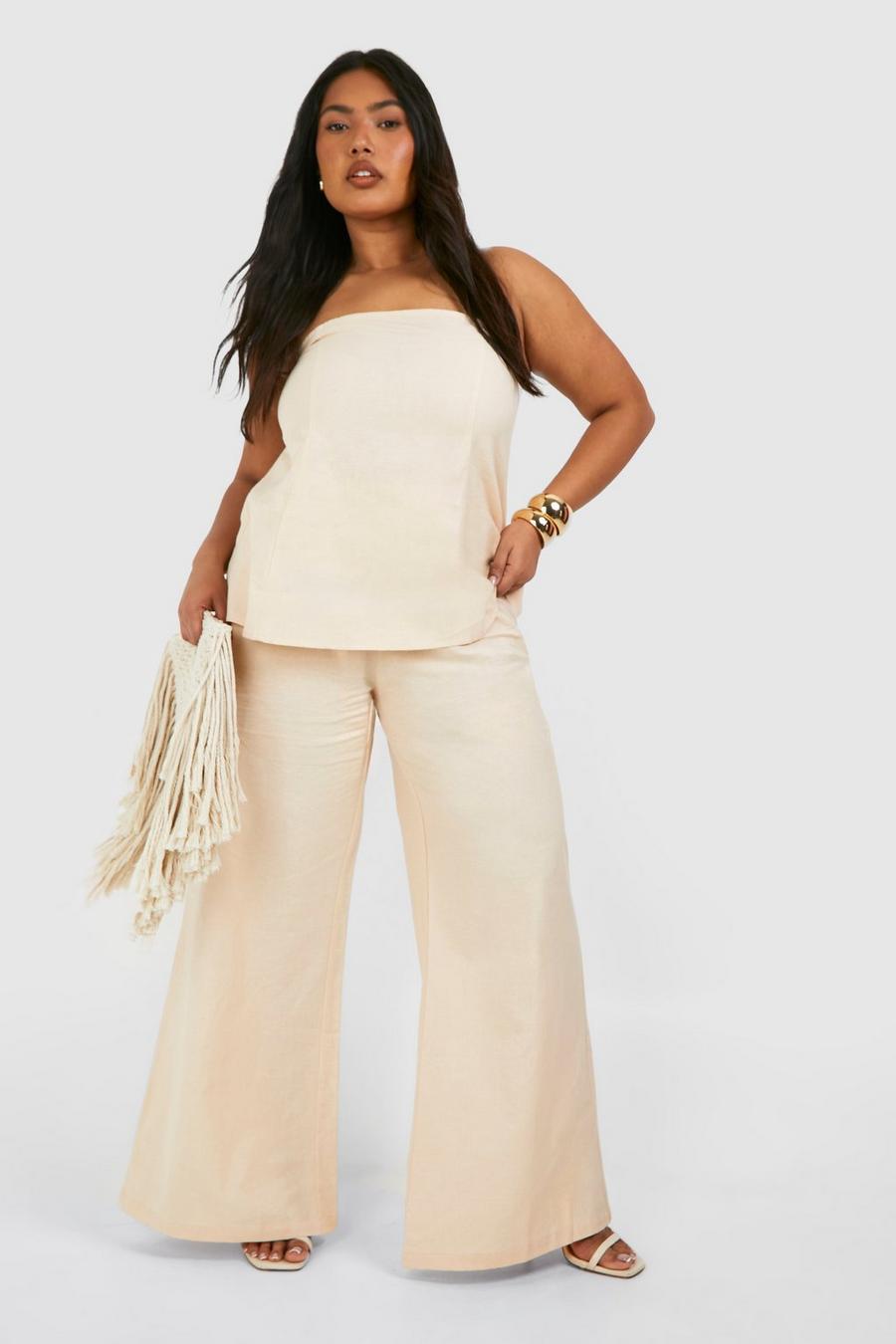Camel Plus Linen Feel Wide Leg Pants & Tube Top Two-Piece image number 1