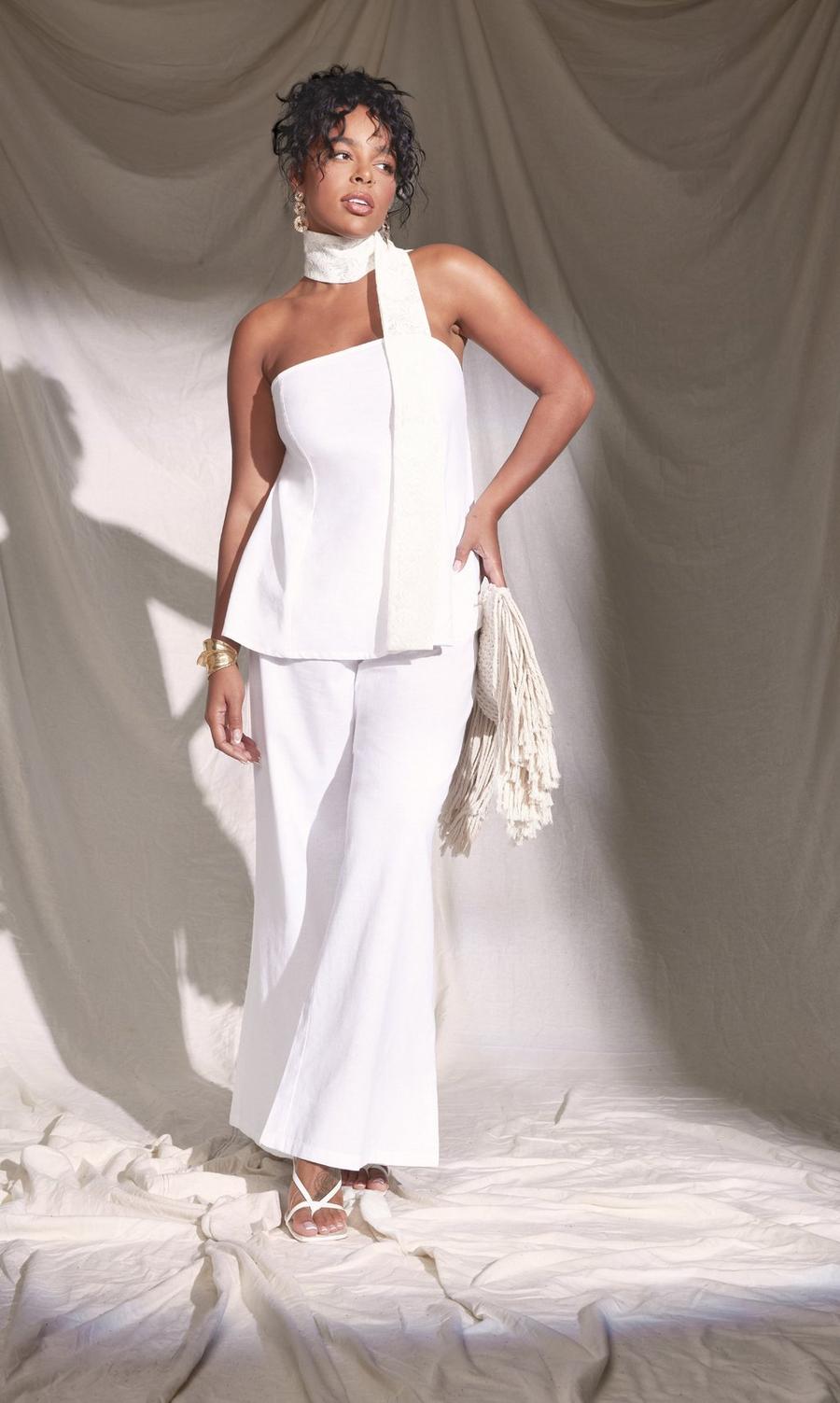 White Plus Linen Feel Wide Leg Pants & Tube Top Two-Piece image number 1