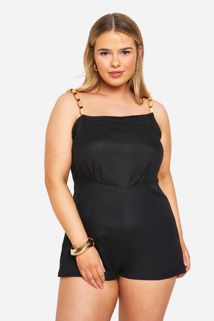 Black Plus Woven Bead Detail Strappy Playsuit  image number 1