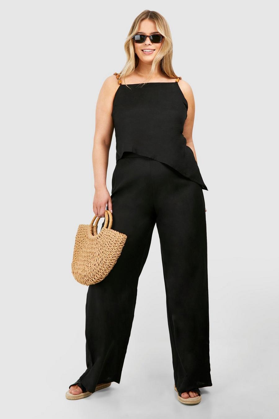 Pantaloni coordinati Plus Size con perline & top asimmetrico, Black