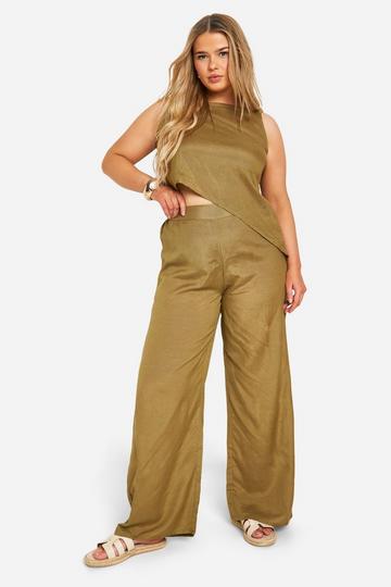 Plus Geweven Broek Met Kraaltjes En Asymmetrische Top Set khaki