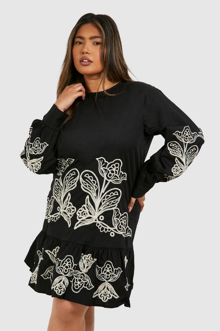 Black Plus Woven Embroidery Detail Frill Hem Long Sleeve Dress