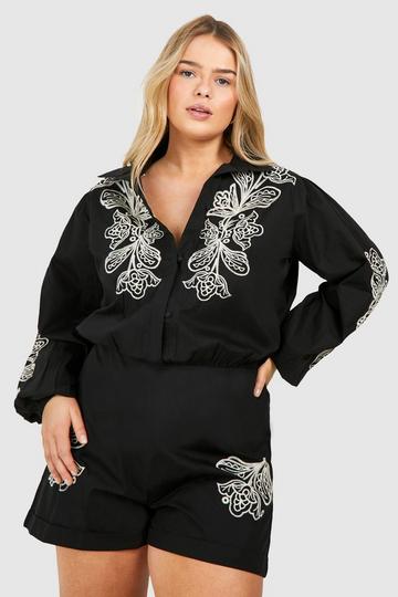 Plus Woven Embroidery Detail Long Sleeve Playsuit black