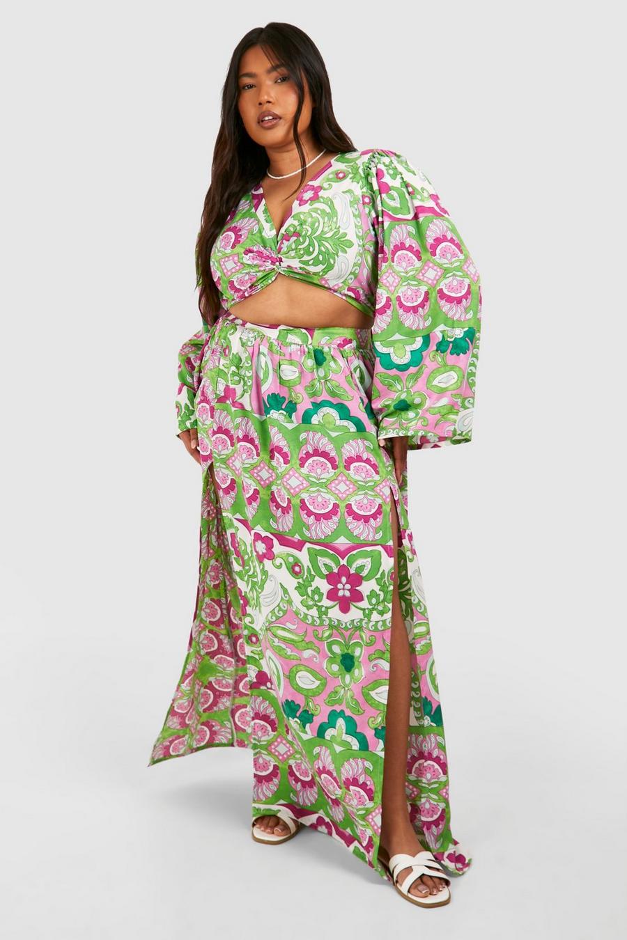 Gonna maxi Plus Size in fantasia cachemire con spacco frontale, Green image number 1