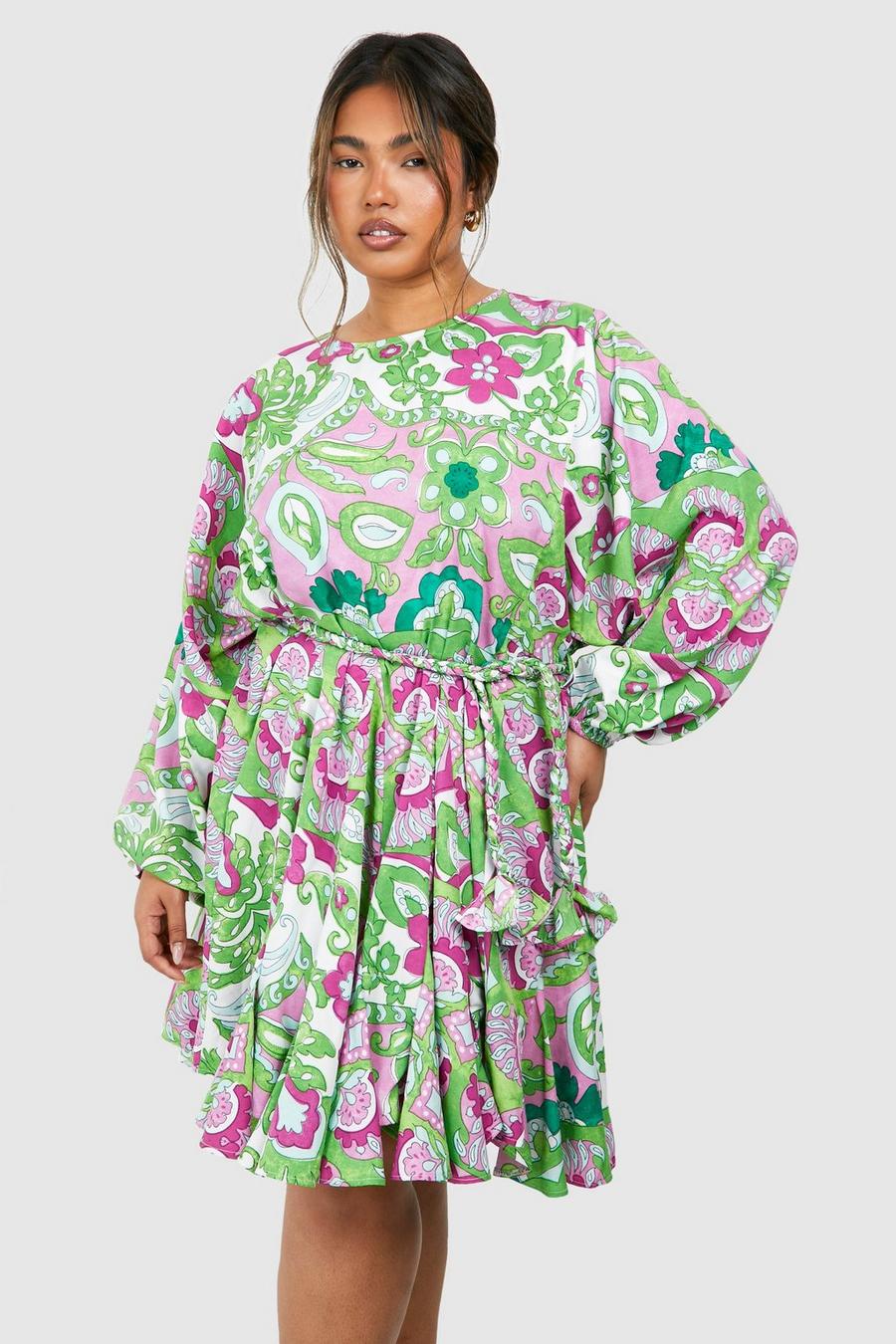 Green Plus Långärmad klänning med paisleymönster image number 1