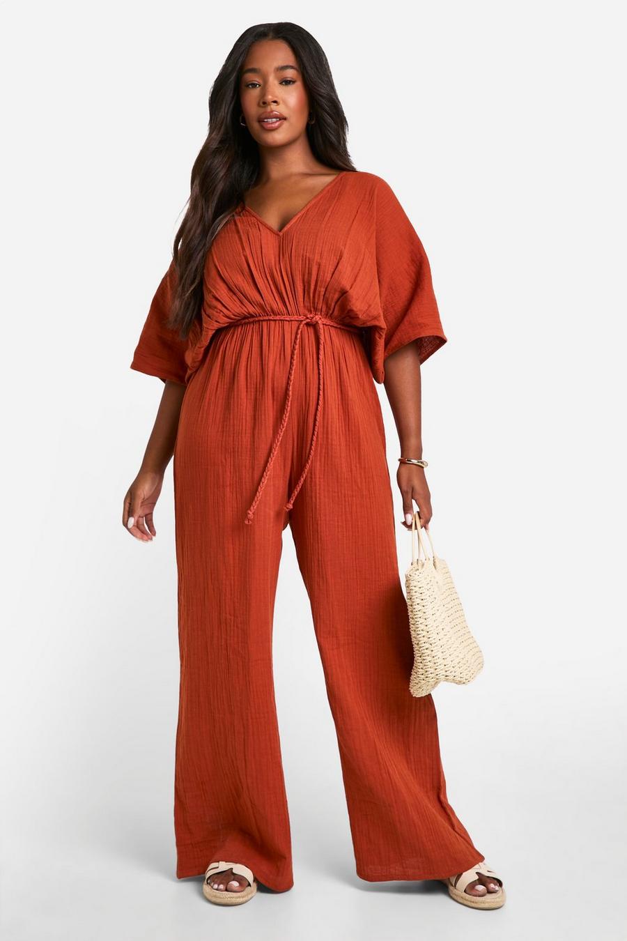 Terracotta Plus Textured Plunge Belted Jumpsuit image number 1