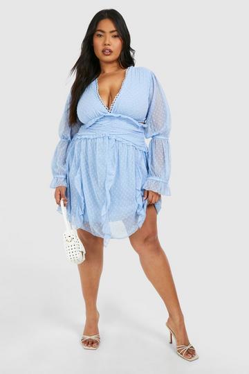 Plus Dobby Mesh Long Sleeve Plunge Mini Dress blue