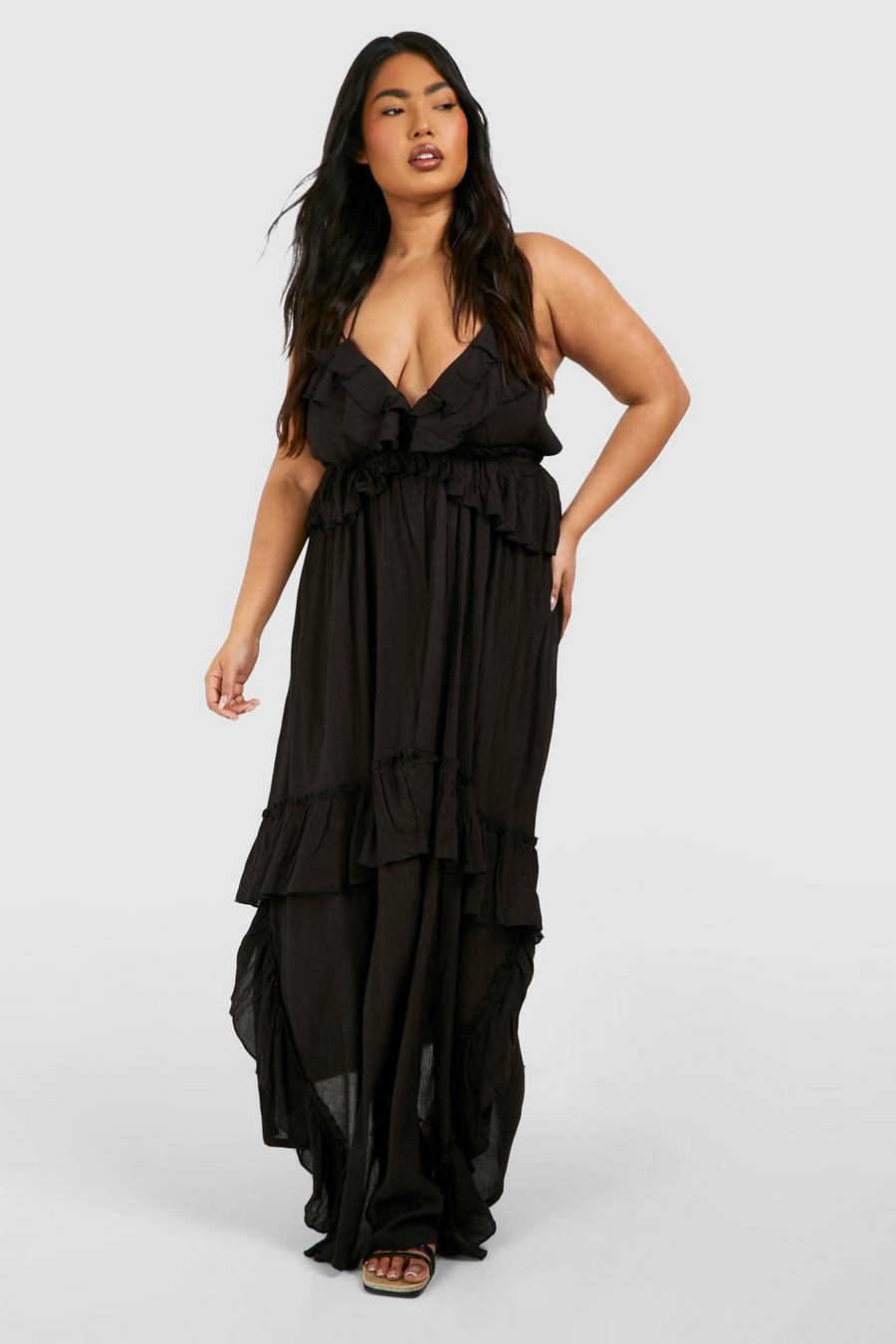 Black Plus Cheesecloth Ruffle Frill Detail Strappy Maxi Dress  image number 1