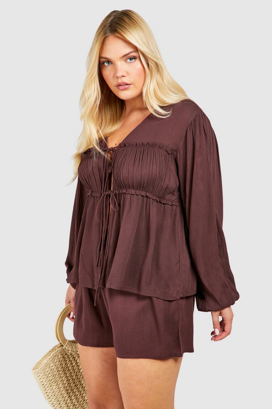 Chocolate Plus Cheesecloth Ruched Detail Long Sleeve Top 