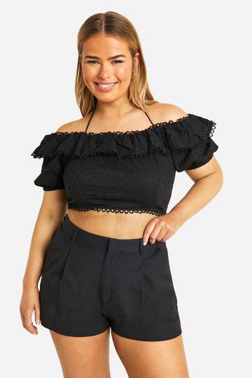 Plus Woven Eyelet Frill Off The Shoulder Top black