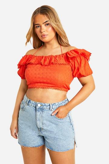 Plus Woven Eyelet Frill Off The Shoulder Top red