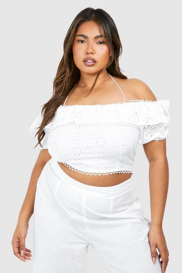 Plus Woven Broderie Frill Bardot Top white
