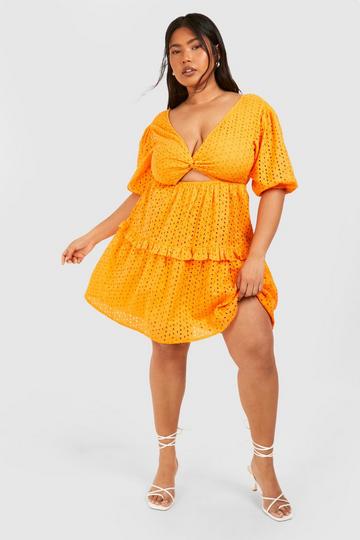 Plus Woven Broderie Cut Out Detail Mini Dress orange