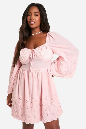 Pink Plus Woven Broderie Tie Detail Milkmaid Mini Dress