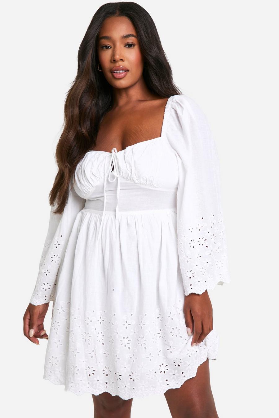 White Plus Woven Broderie Tie Detail Milkmaid Mini Dress  image number 1