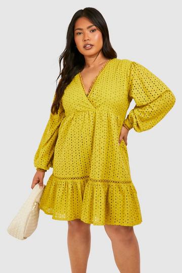 Olive Green Plus Woven Broderie V Neck Long Sleeve Smock Dress