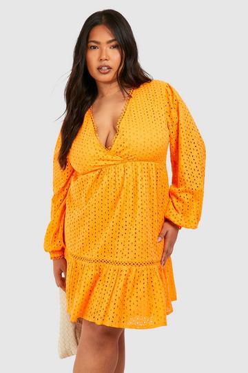 Plus Woven Broderie V Neck Long Sleeve Smock Dress orange