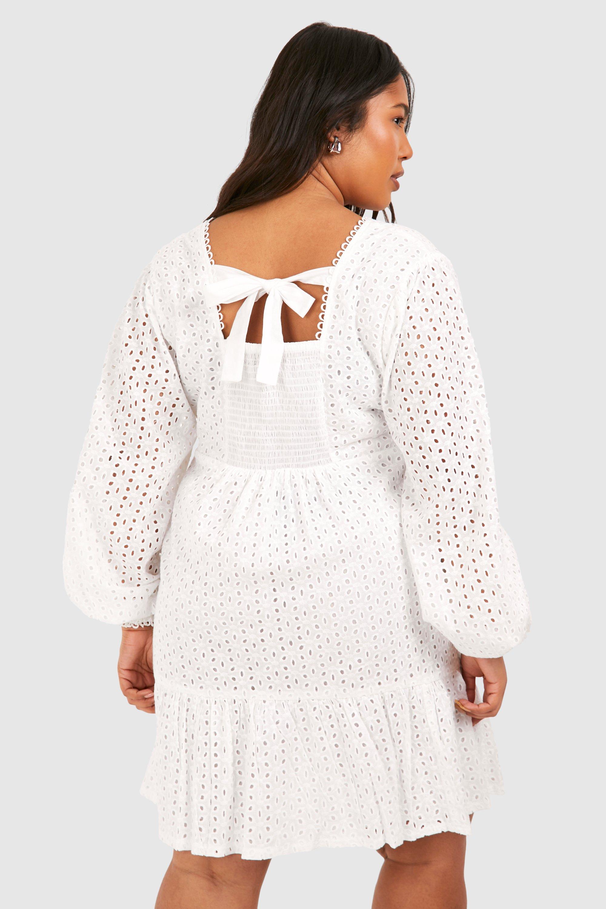 Plus Woven Eyelet V Neck Long Sleeve Smock Dress