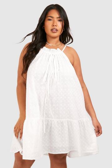 Plus Woven Broderie Frill Hem Volume Mini Dress 1 white