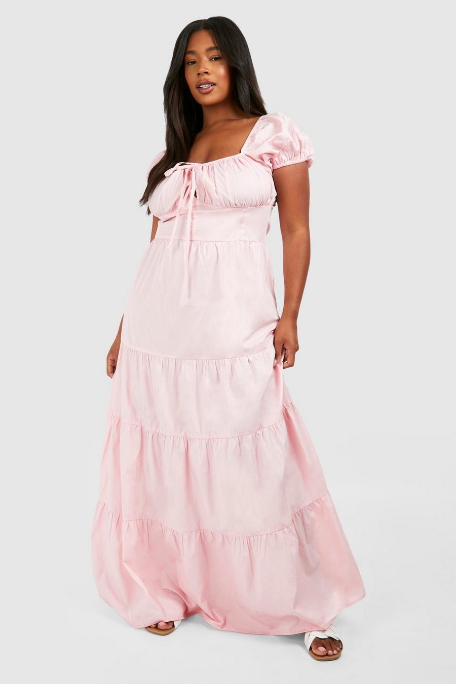 Pink Plus Poplin Milkmaid Puff Sleeve Maxi Dress