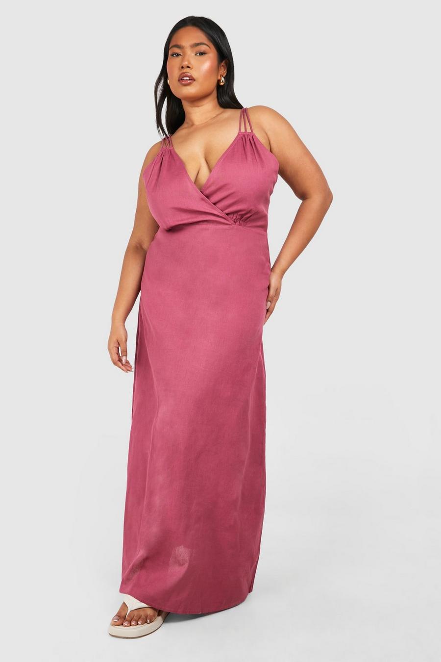 Pink Plus V-ringad långklänning med smala axelband image number 1