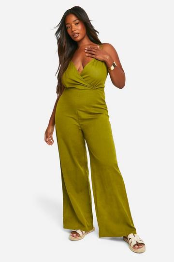 Plus Woven Strappy Wide Leg Jumpsuit khaki