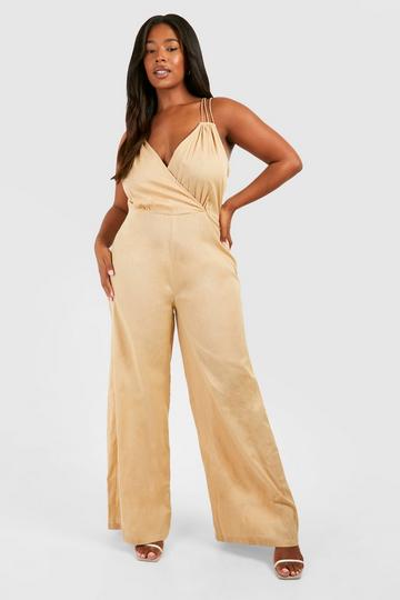 Stone Beige Plus Woven Strappy Wide Leg Jumpsuit