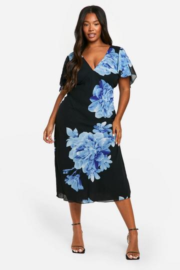 Plus Woven Floral Print Angel Sleeve Midaxi Dress black