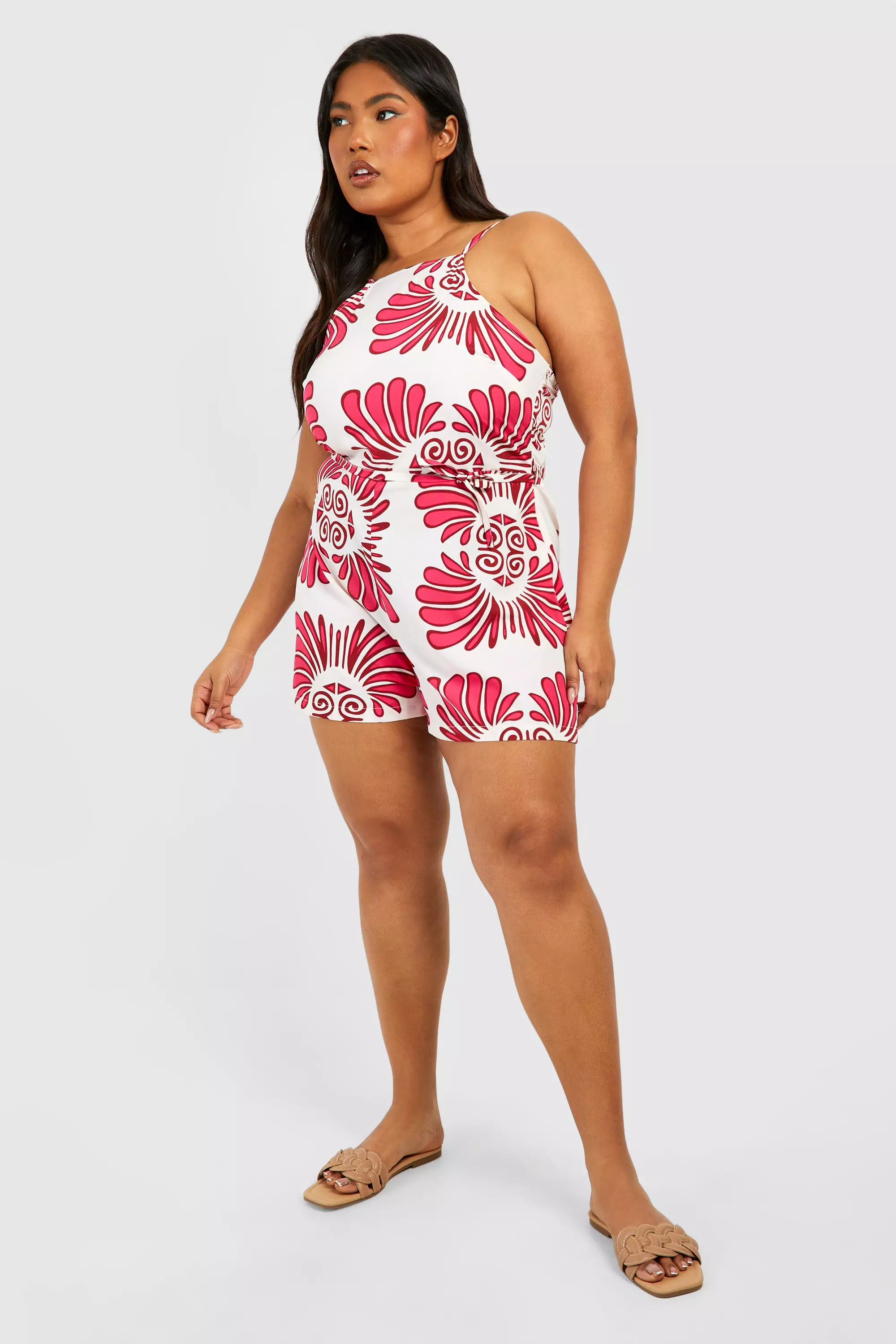 Pink Plus Woven Abstract Print Strappy Playsuit alternative image