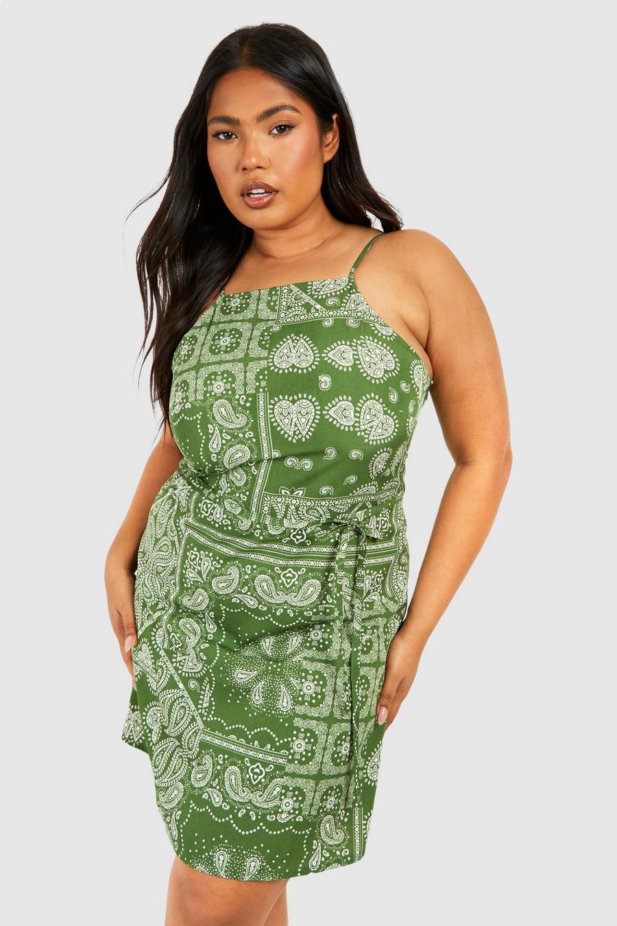 Green Plus Woven Paisley Print Strappy Mini Dress  image number 1