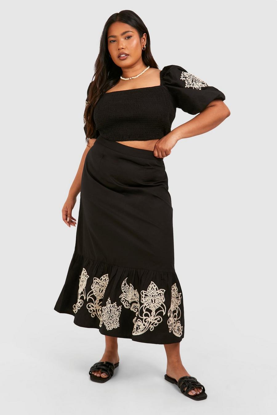 Black Plus Woven Embroidery Midi Skirt image number 1
