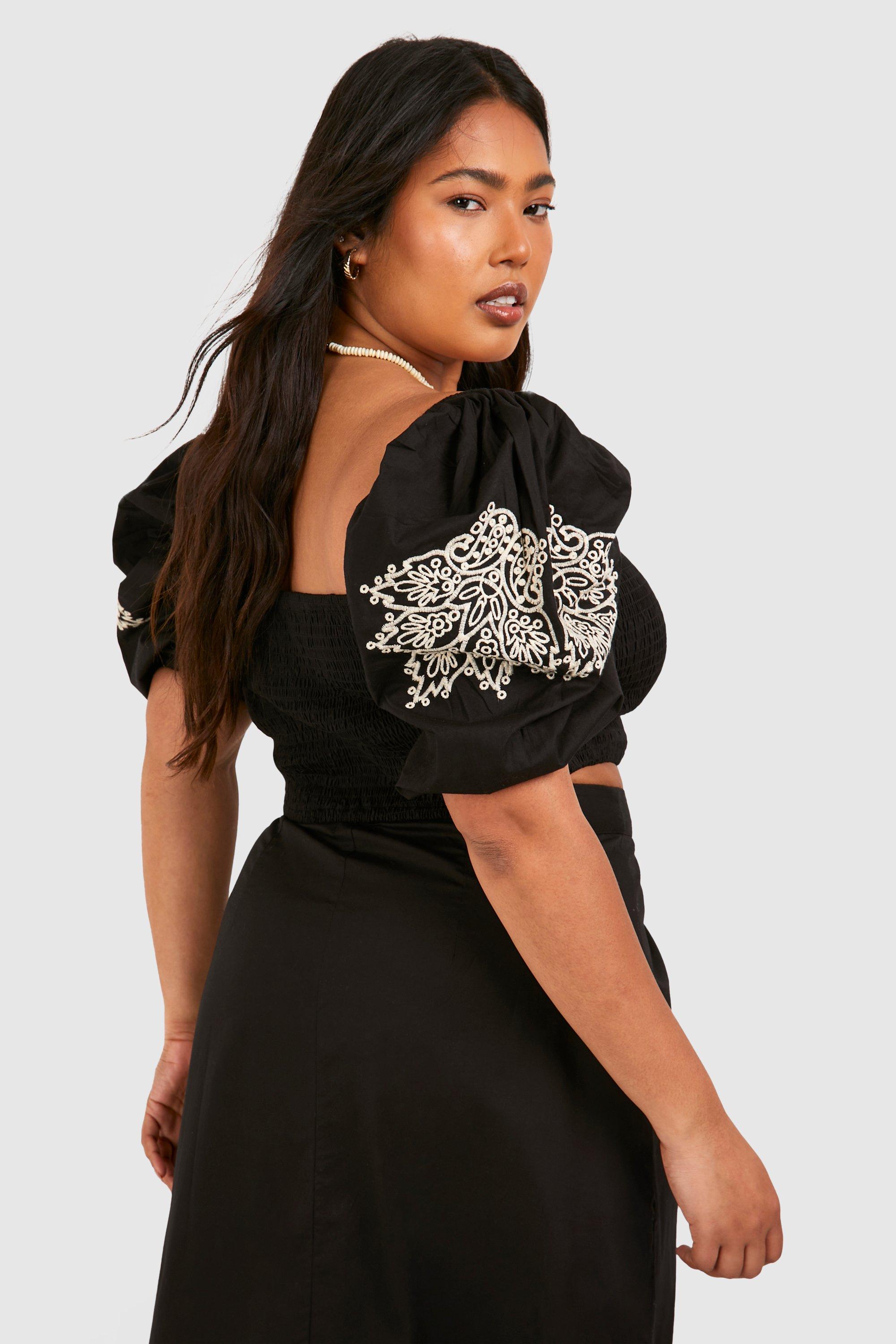 Plus Woven Embroidery Puff Sleeve Top | boohoo